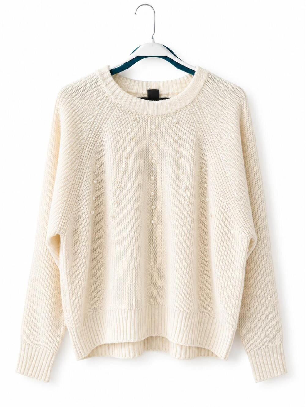 French Connection Soft Knit Ivory Sweater with Pearl Embellishment Size L NWT
